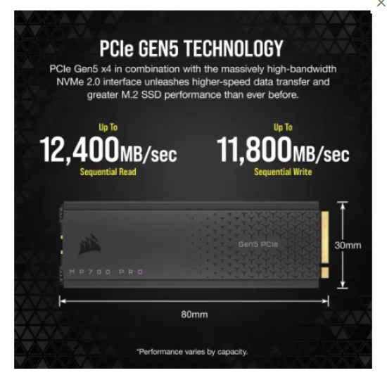 Corsair MP700 PRO 1TB PCIe Gen5 NVMe 2.0 M.2 SSD With DRAM & Air Cooler